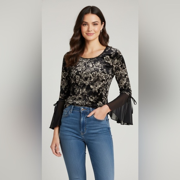 Jessica Tops - Jessica Lace Bell Sleeve Blouse Black/Cream Medium Lined